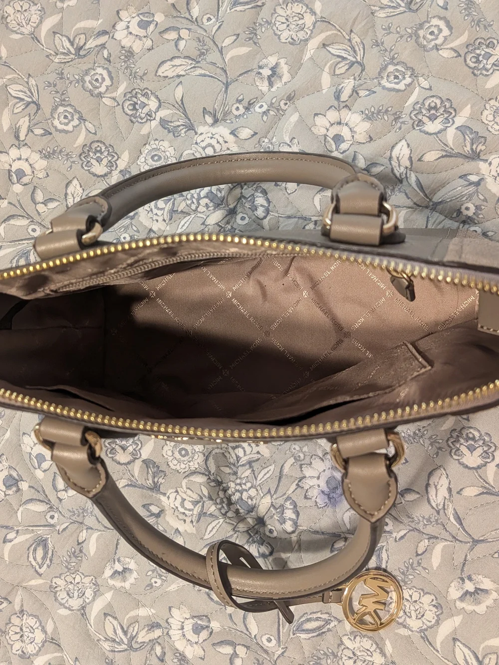 Michael Kors Gray Taupe Leather Satchel with Gold Logo Charm